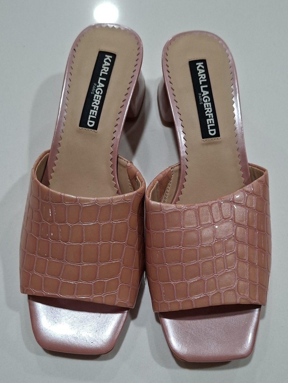 Karl Lagerfeld Blush Croc-Embossed Slide Mules Heels